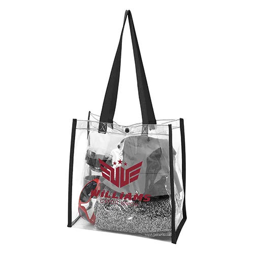 Clear PVC snap closure tote bag with custom logo, front view