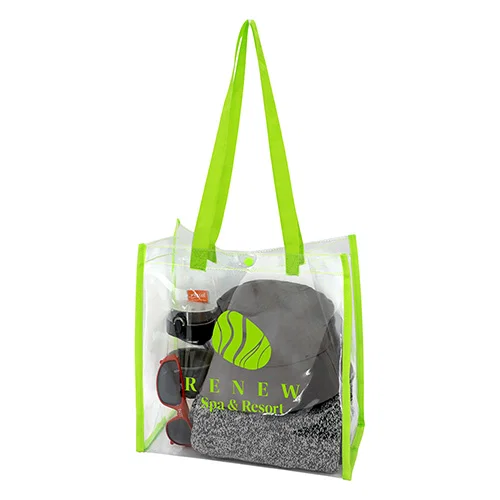 Custom branded clear stadium tote bag, side profile