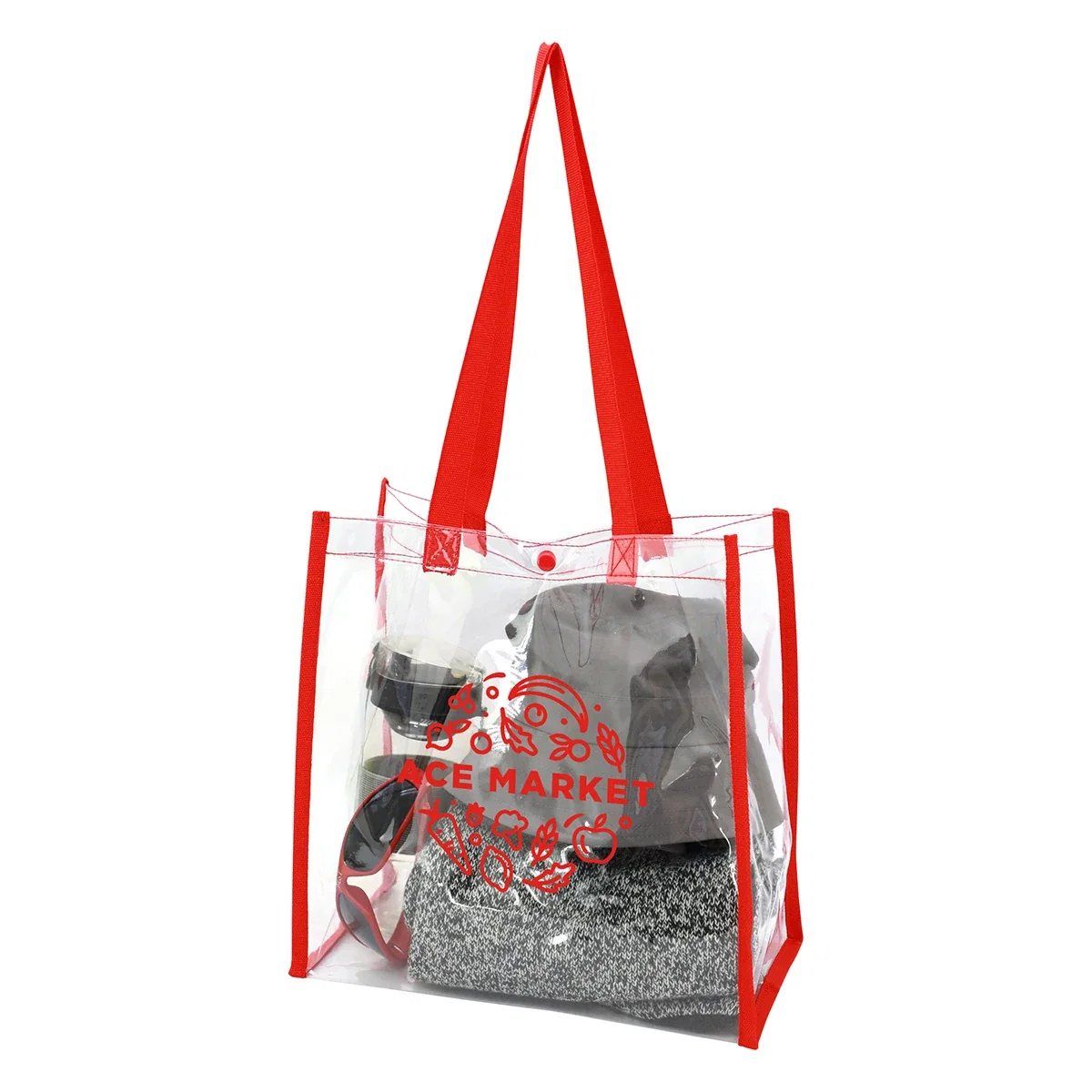Clear PVC logo tote bag, see-through build with contents view