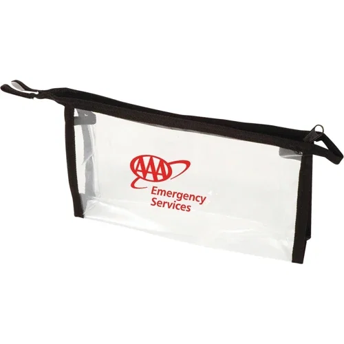 Clear PVC zipper pouch open view showing transparent vinyl interior and black zipper