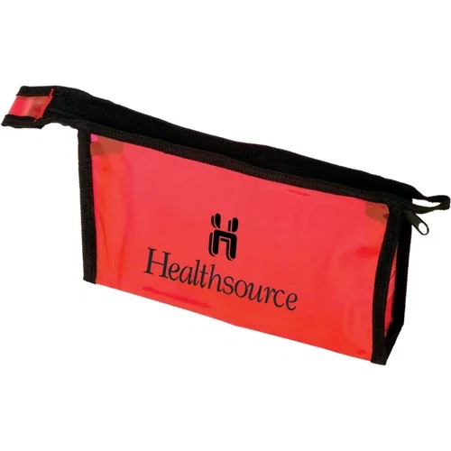 Clear vinyl zipper pouch angle showing black fabric-edged seams, travel organizer