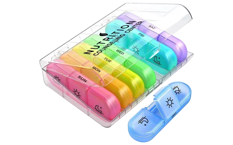 Clear rainbow travel pill container for weekly pharmacy giveaways