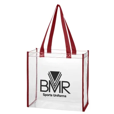 Clear tote bag with maroon trim and matching handles