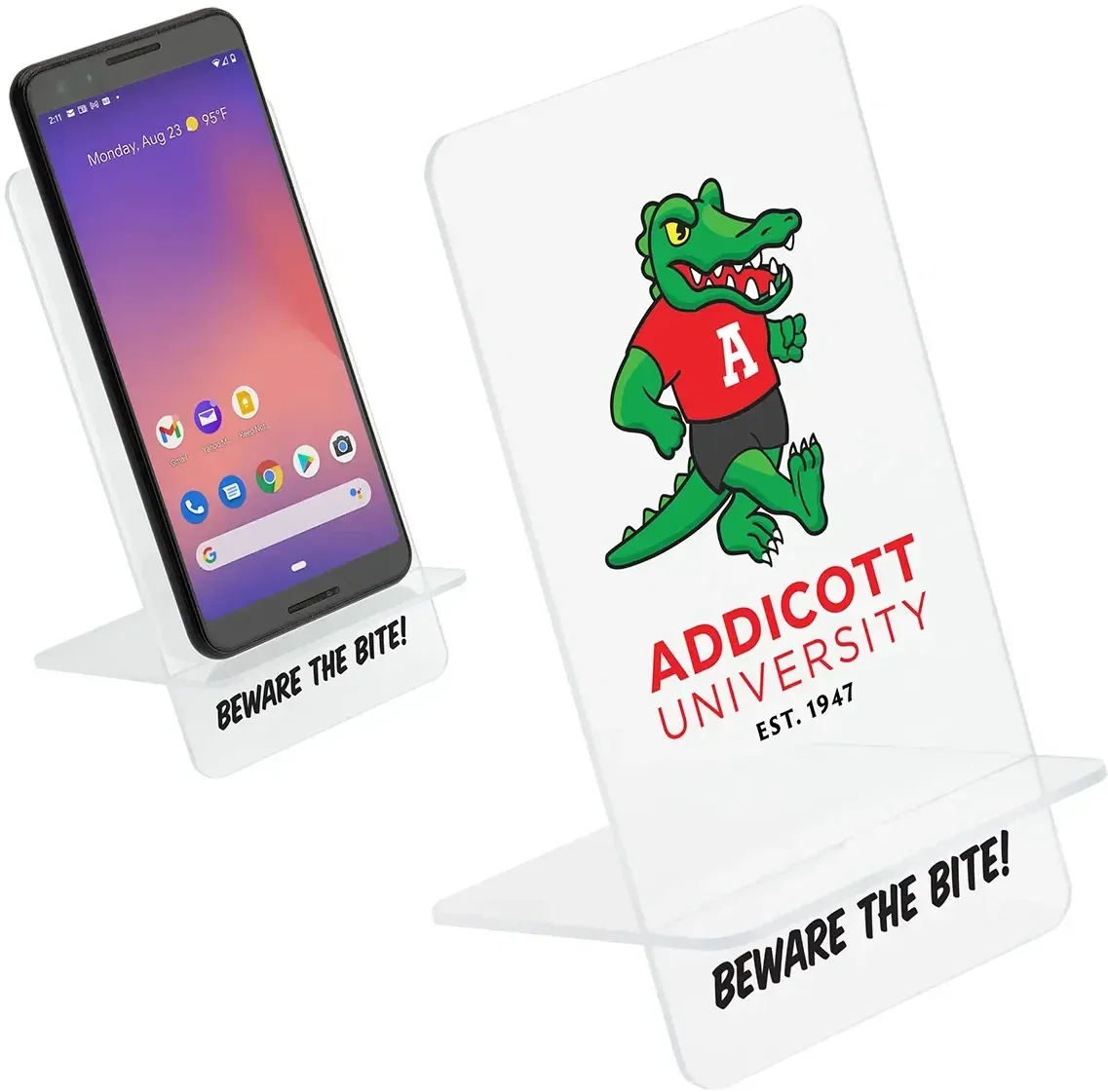 Clear View slot-together phone stand, custom branded clear phone stand, front hero view