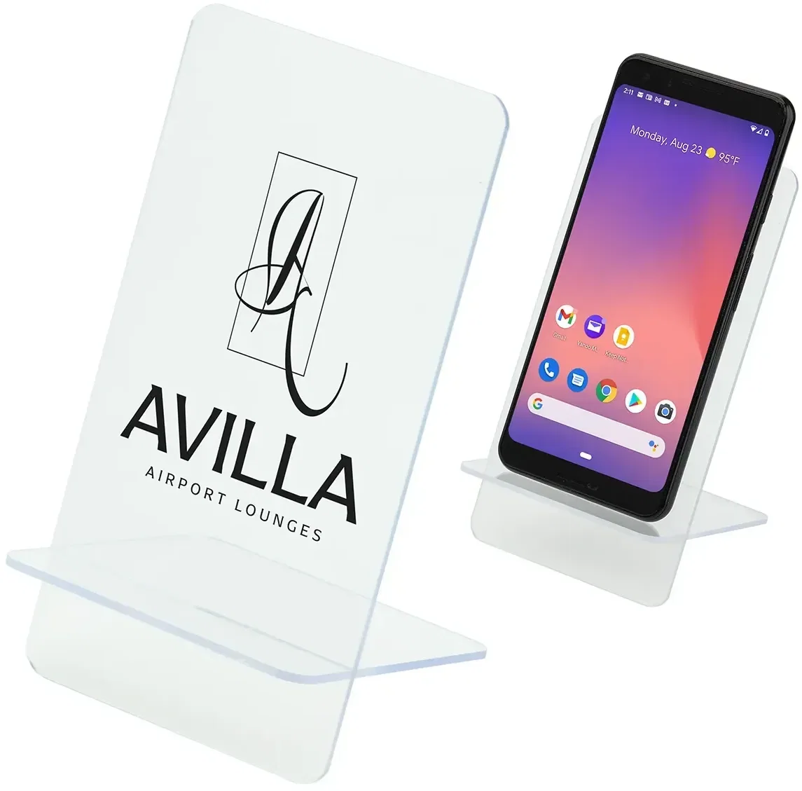Promotional branded Clear View phone stand assembled upright holding a phone, side view