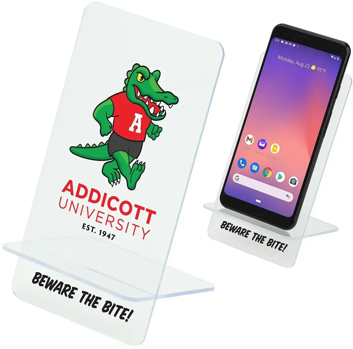 Custom Clear View phone stand shipped flat, slotted pieces detail view