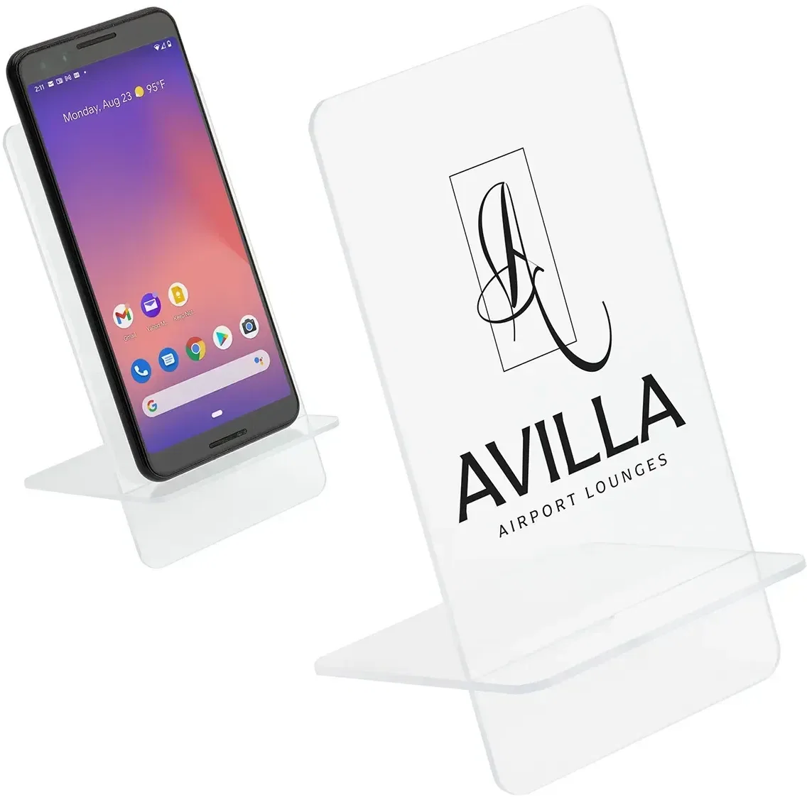 Branded Clear View slot-together stand with logo, angled display view