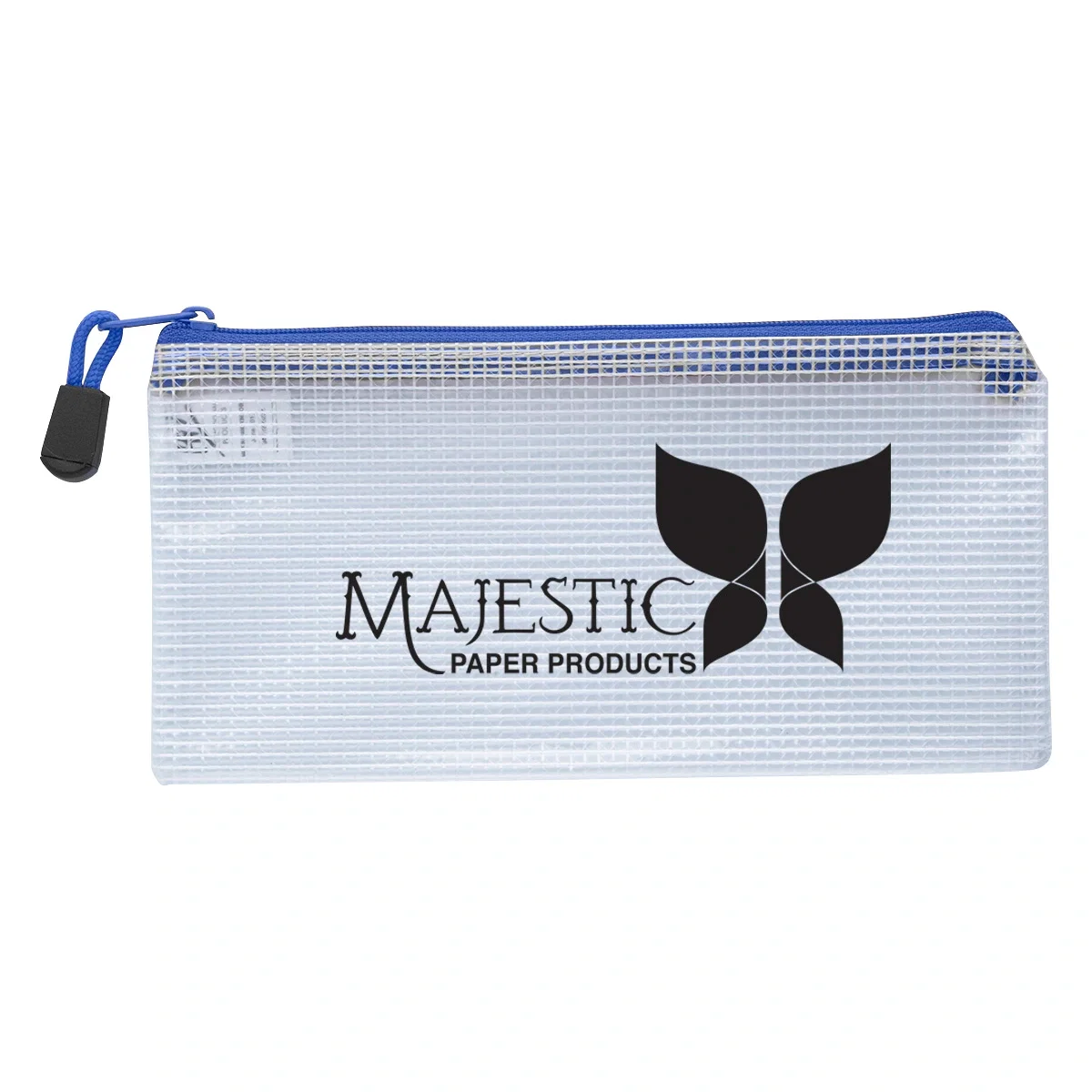 Clear pencil pouch with a colored zipper across the top