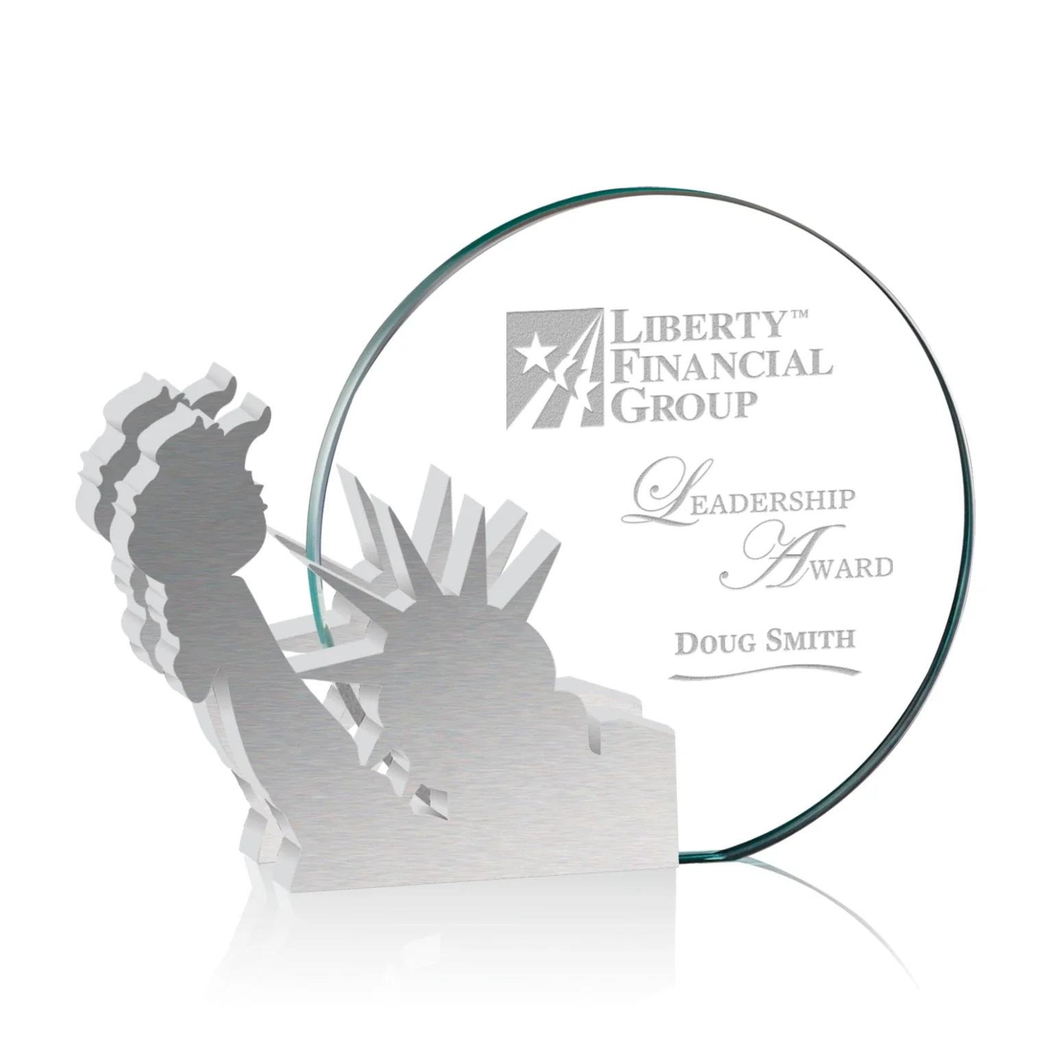 Custom Starfire Crystal Circle Award, Statue of Liberty on Aluminum for employee recognition