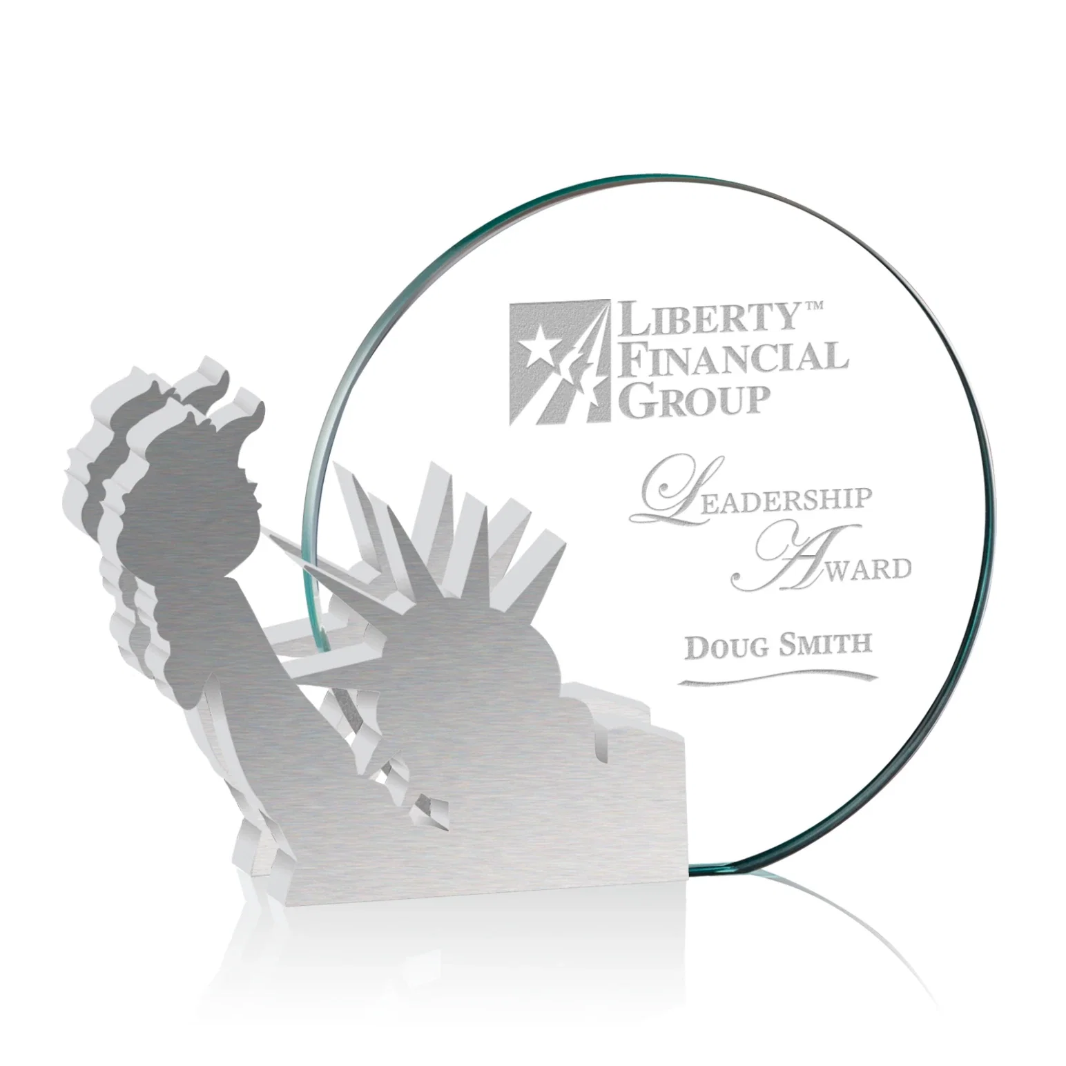 Custom Starfire Crystal Circle Award, Statue of Liberty on Aluminum for corporate award ceremonies