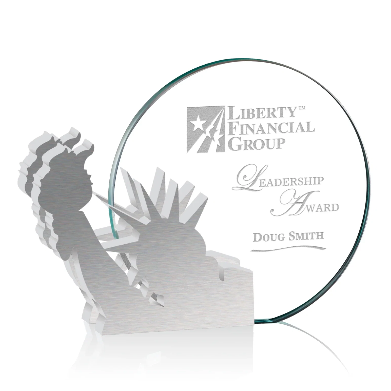 Custom Starfire Crystal Circle Award, Statue of Liberty on Aluminum for service anniversary gifts
