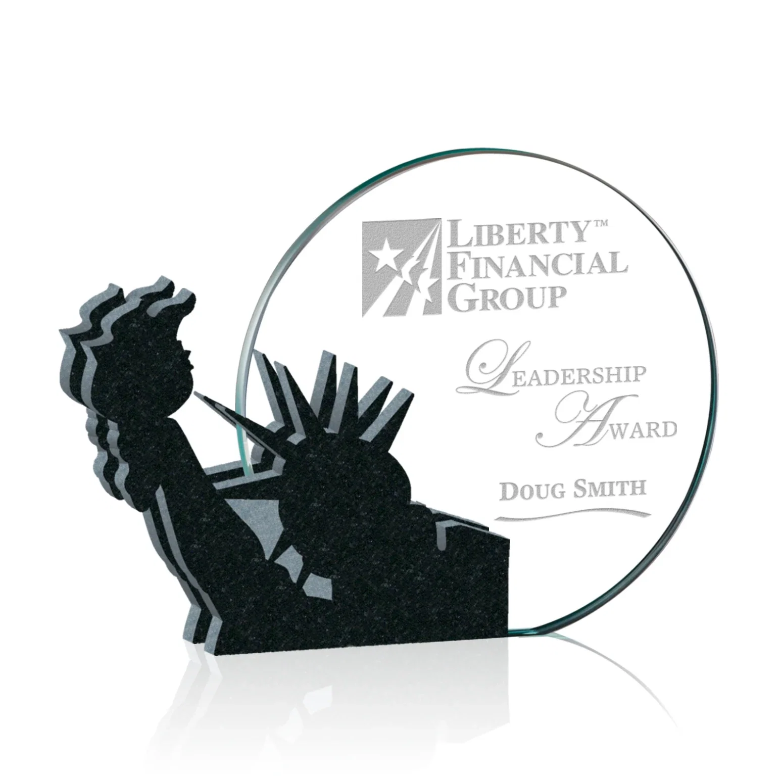 Custom Starfire Crystal Circle Award, Statue of Liberty on Granite for employee recognition