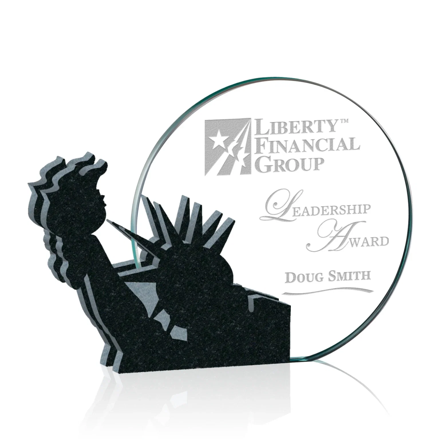 Custom Starfire Crystal Circle Award, Statue of Liberty on Granite for corporate award ceremonies
