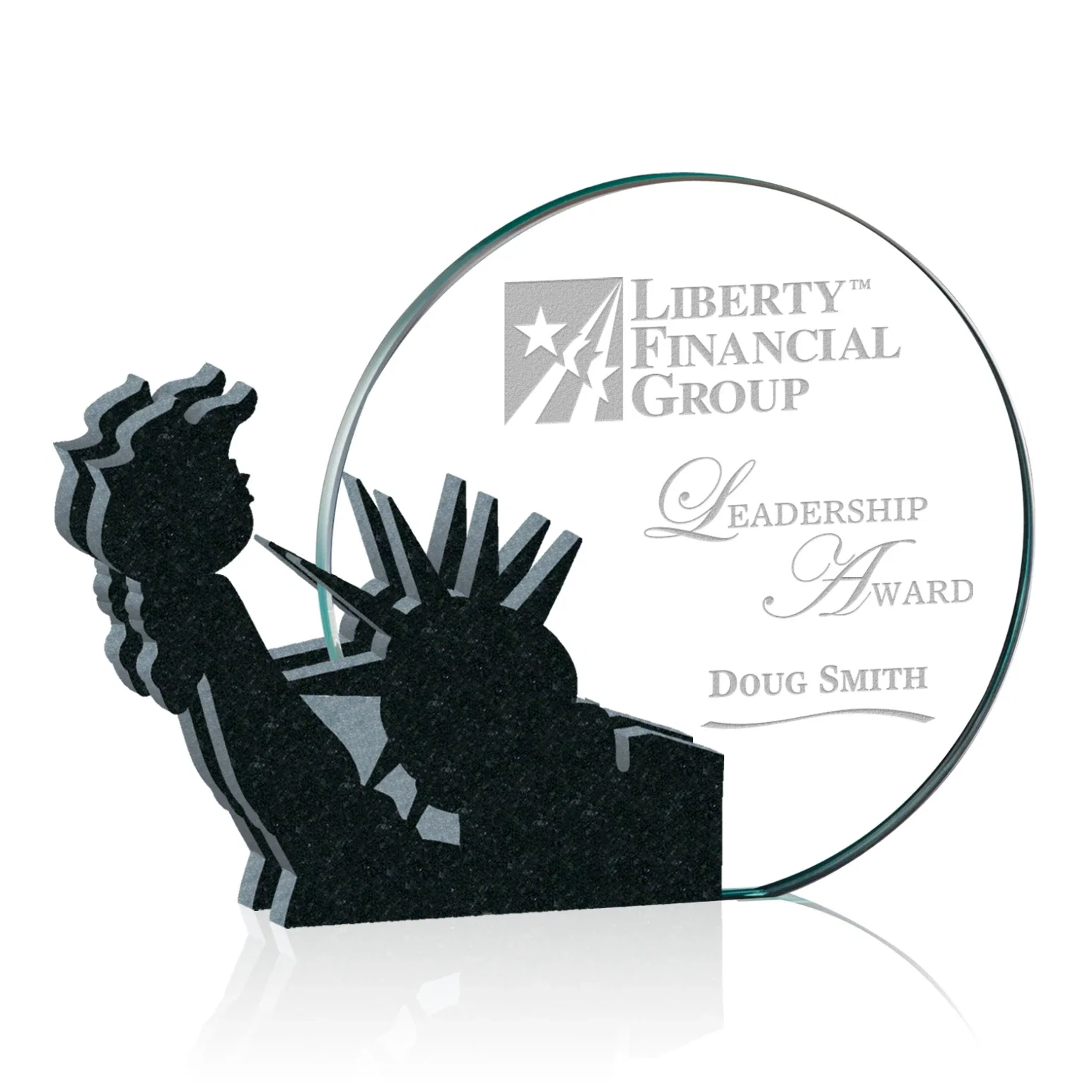 Custom Starfire Crystal Circle Award, Statue of Liberty on Granite for service anniversary gifts