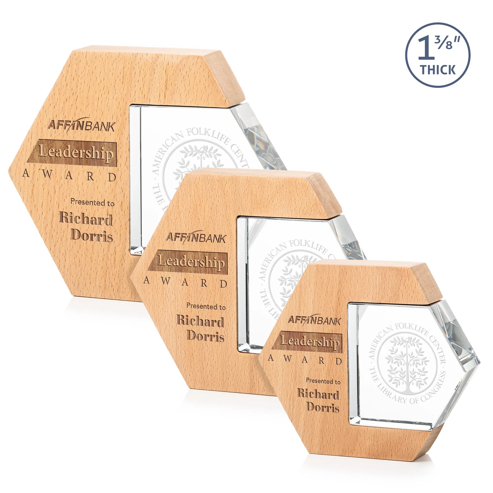 Custom Beechwood Award with Optical Crystal Side Inlay for employee recognition
