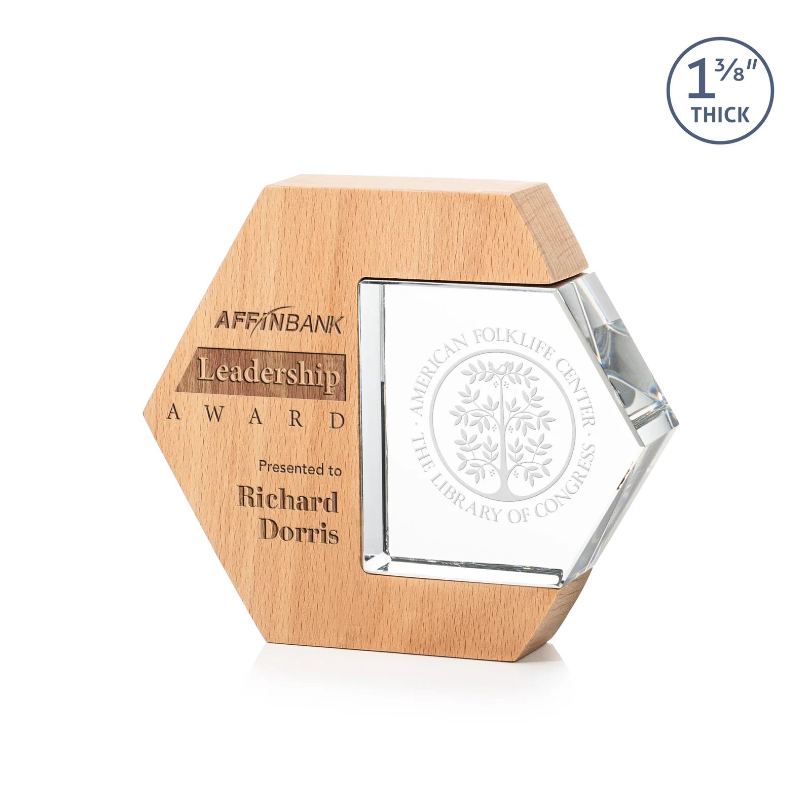 Custom Beechwood Award with Optical Crystal Side Inlay for corporate award ceremonies