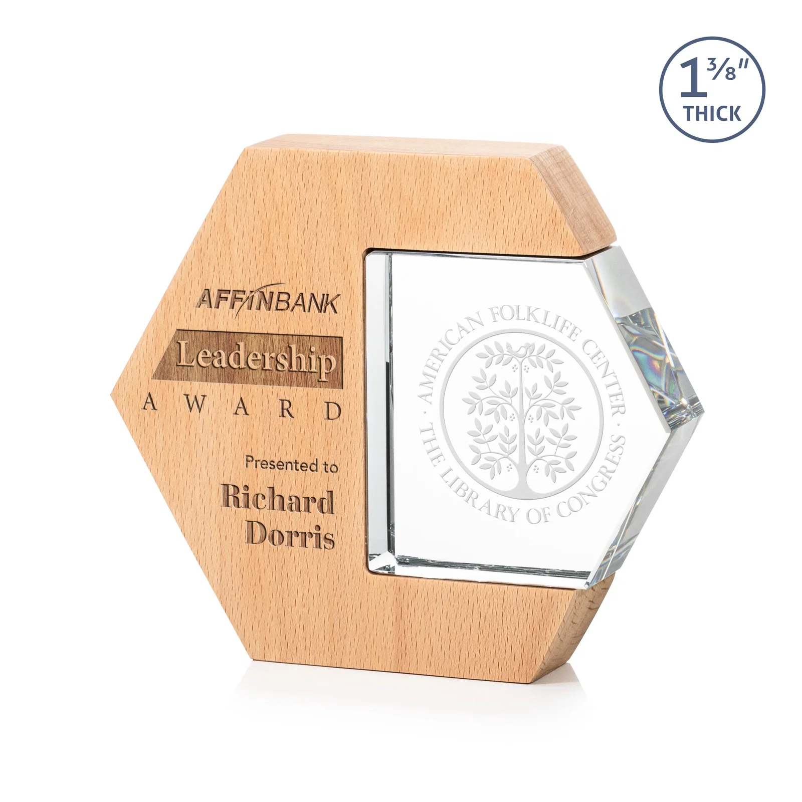 Custom Beechwood Award with Optical Crystal Side Inlay for service anniversary gifts