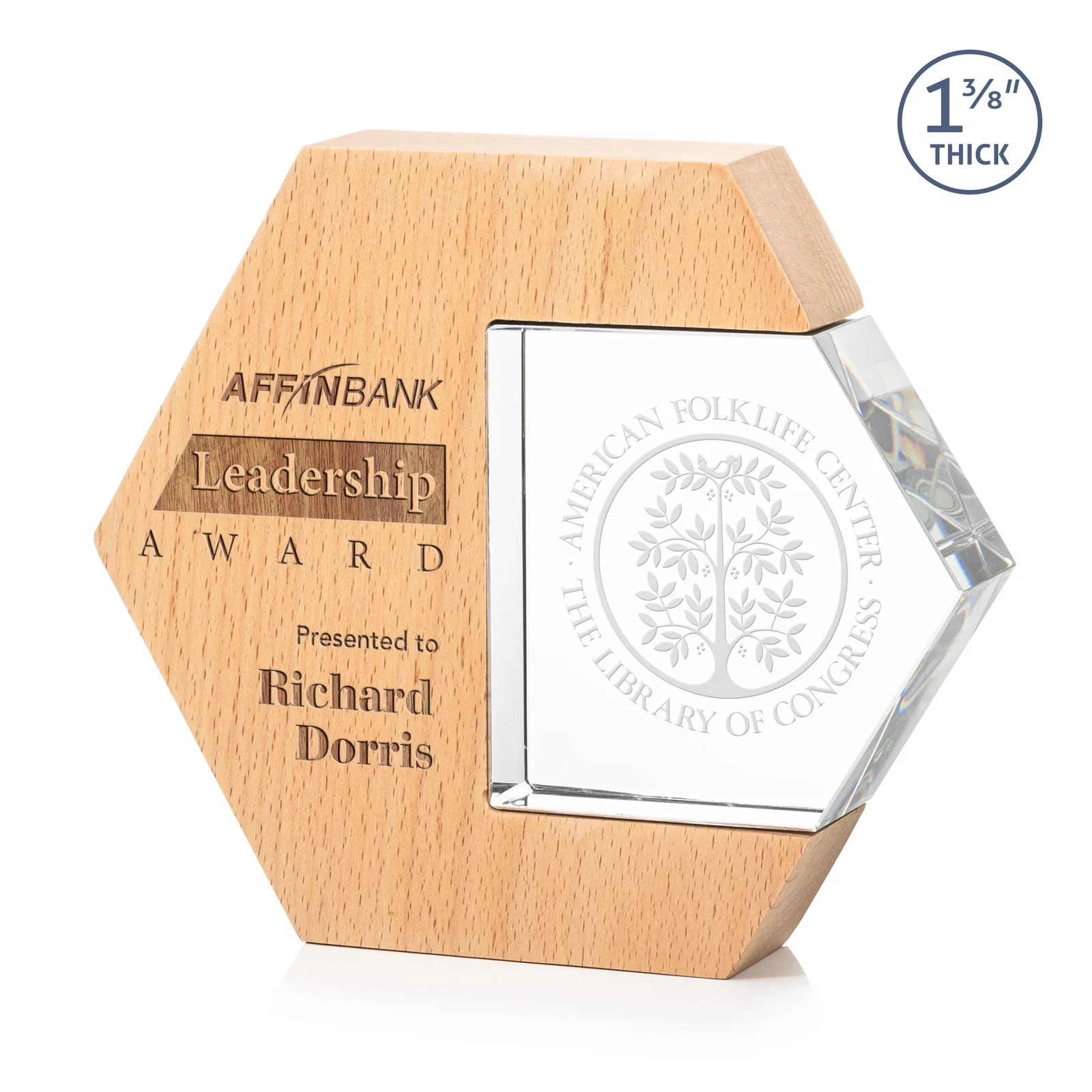 Custom Beechwood Award with Optical Crystal Side Inlay for sales achievement awards