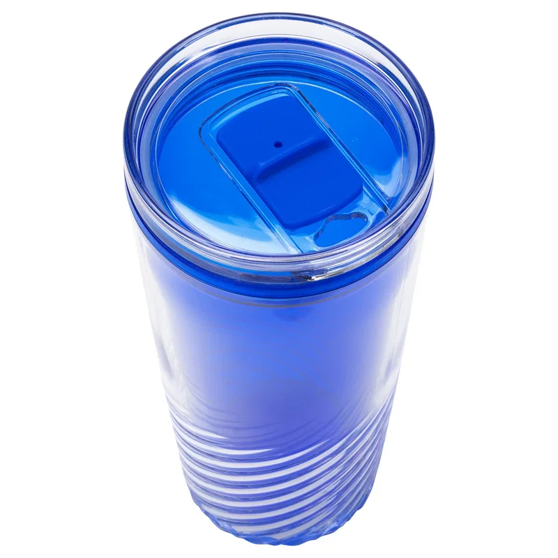 Close-up of the larger size acrylic straw tumbler's flip-top lid in blue, shown from a different angle