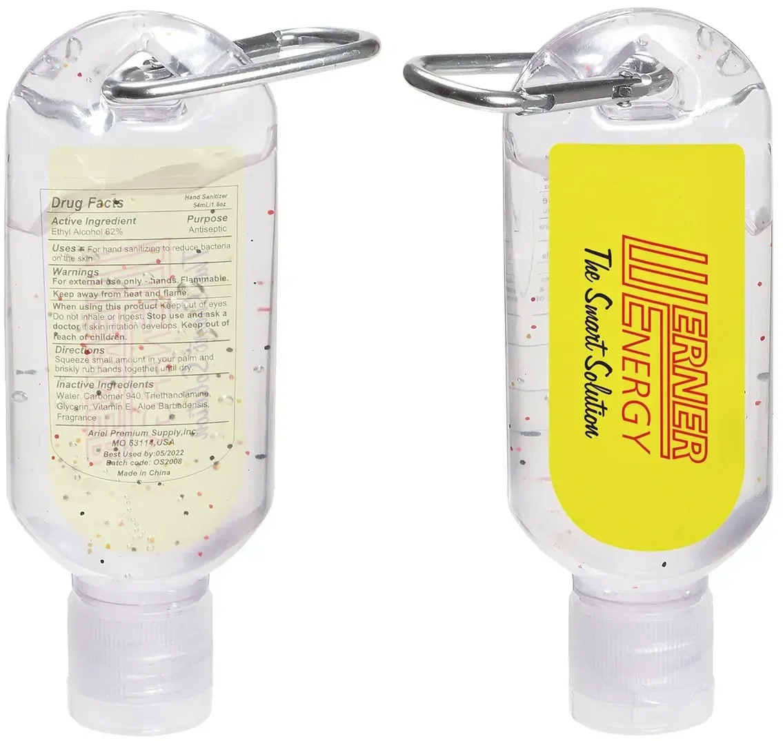 Custom Clip-It carabiner hand sanitizer with full-color logo label, front view