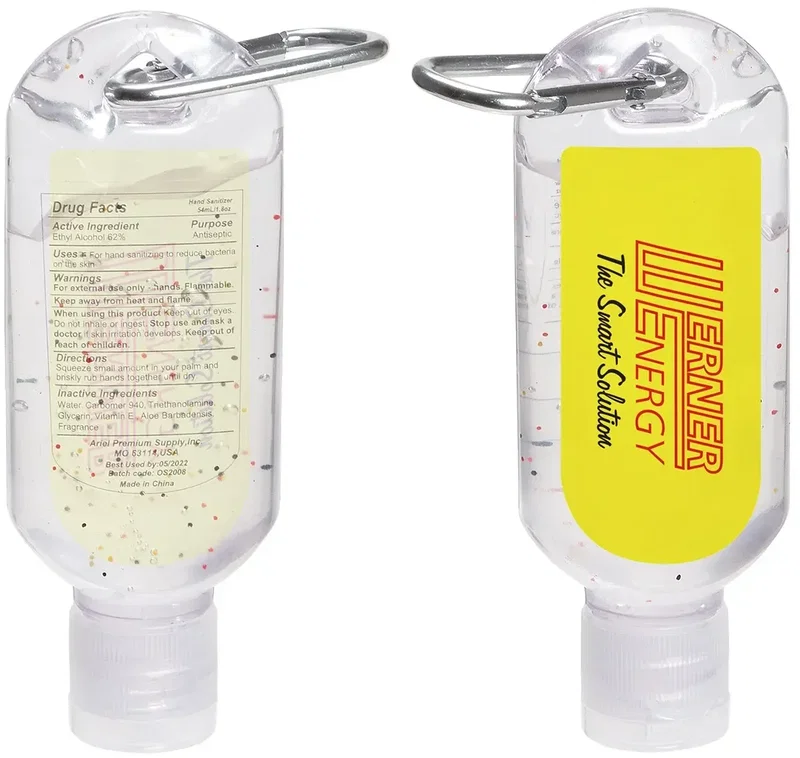 Custom Clip-It carabiner hand sanitizer with full-color logo label, front view