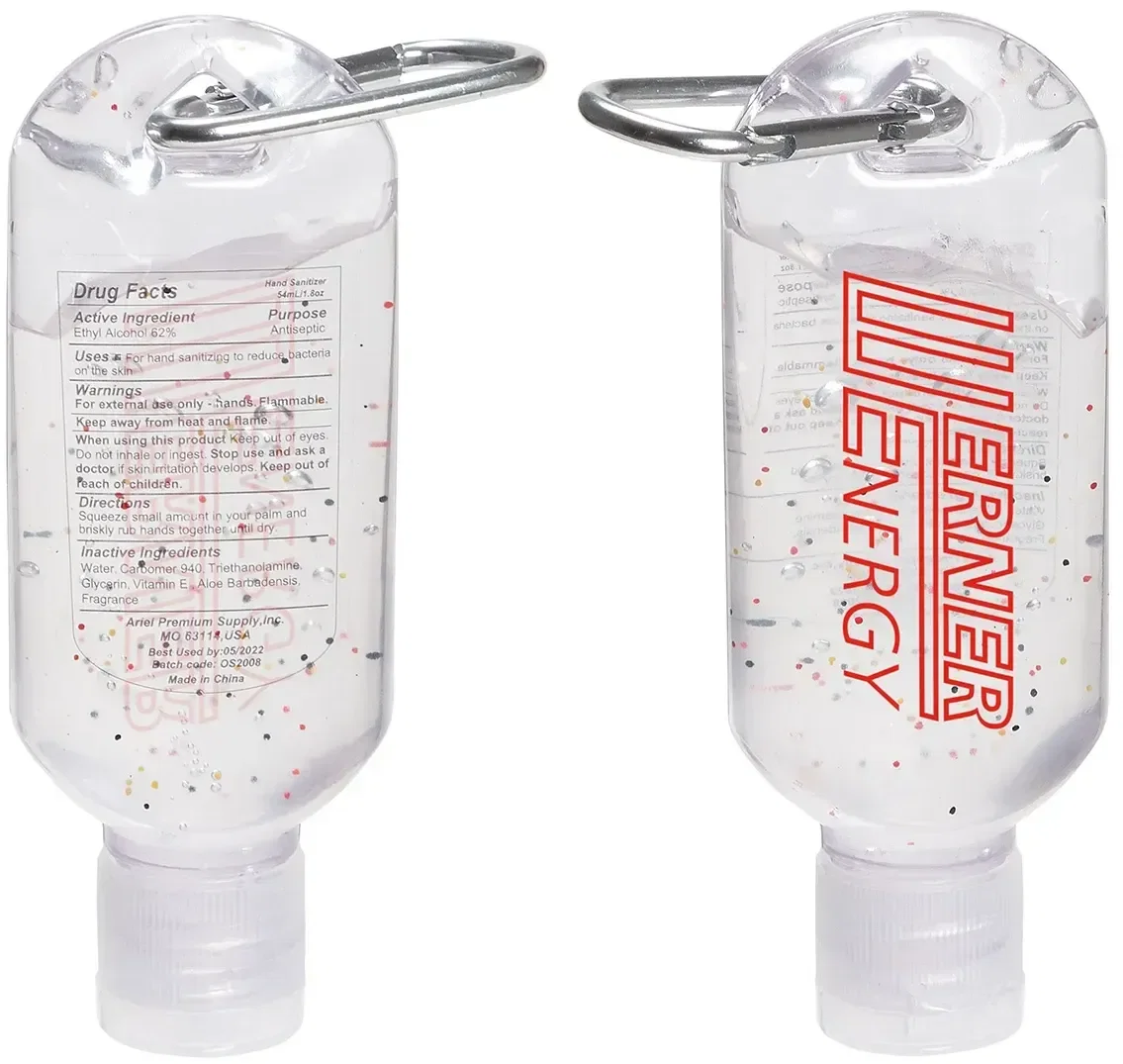 Promotional Clip-It carabiner hand sanitizer clipped to a bag loop
