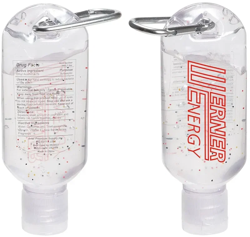 Promotional Clip-It carabiner hand sanitizer clipped to a bag loop