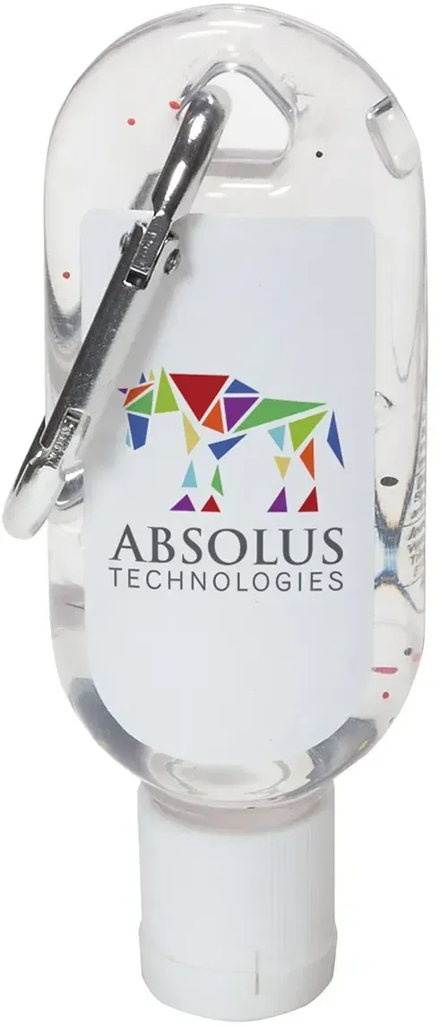 Branded Clip-It carabiner hand sanitizer, carabiner clip hero shot