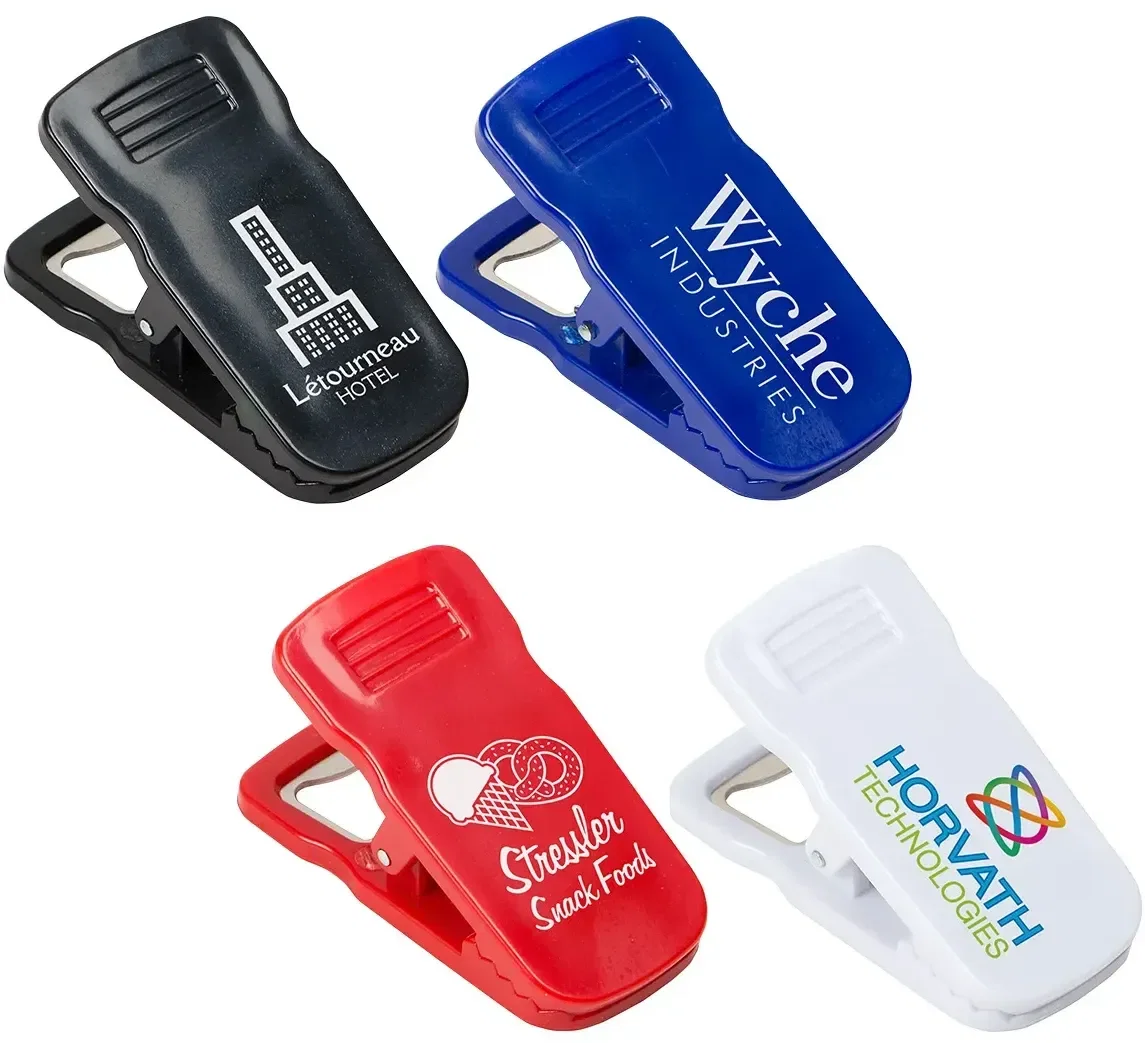 Custom Clip It magnetic 3-in-1 bottle opener with branded logo, front view