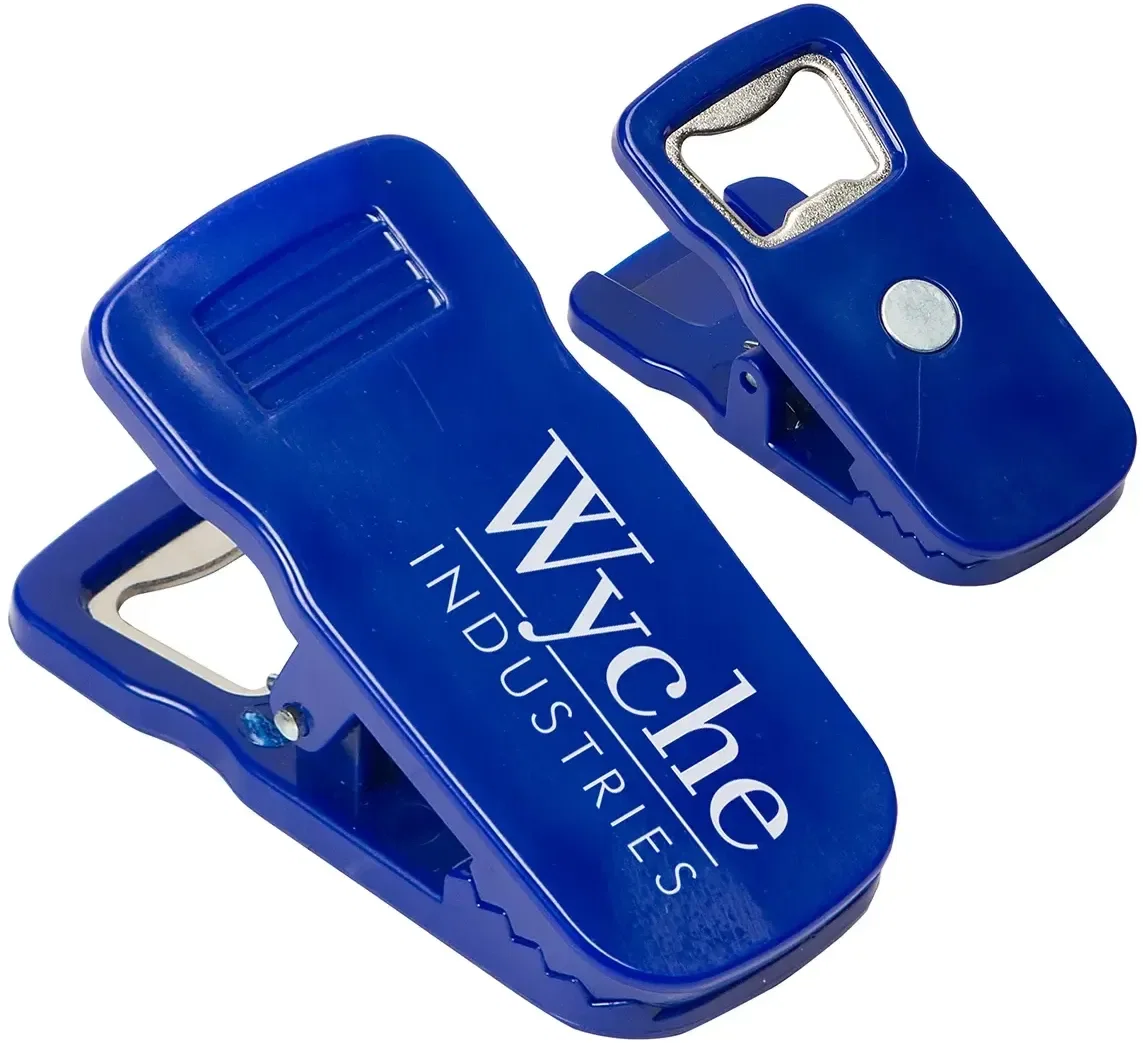 Branded Clip It magnetic bottle opener, side view of three-tool design
