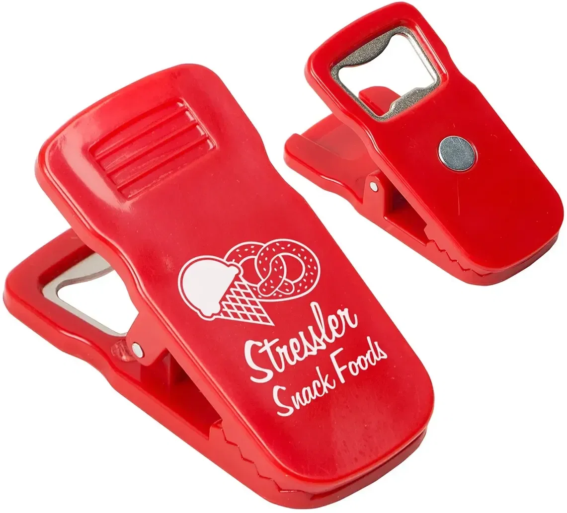 Promotional Clip It 3-in-1 bottle opener, close-up of magnetic back