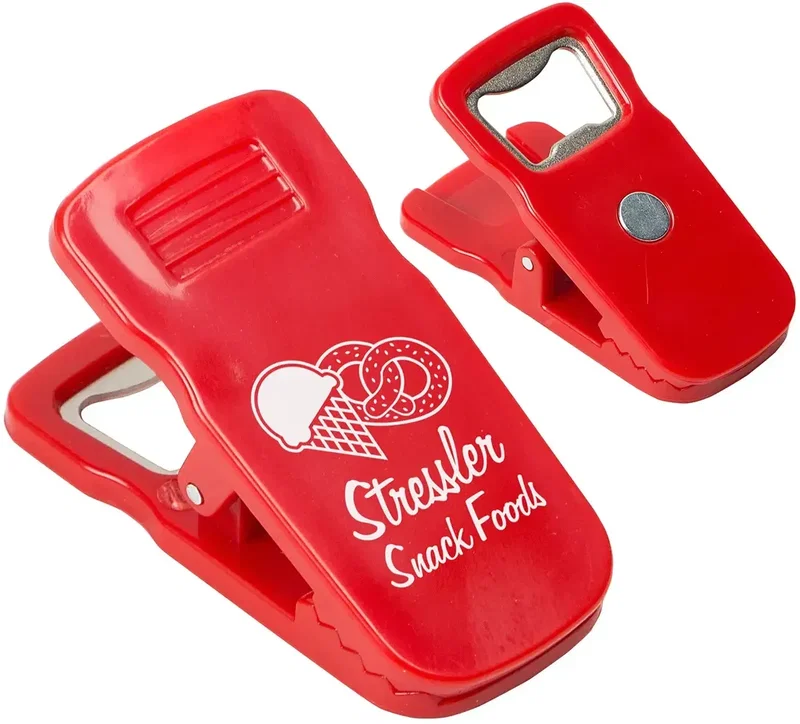 Promotional Clip It 3-in-1 bottle opener, close-up of magnetic back