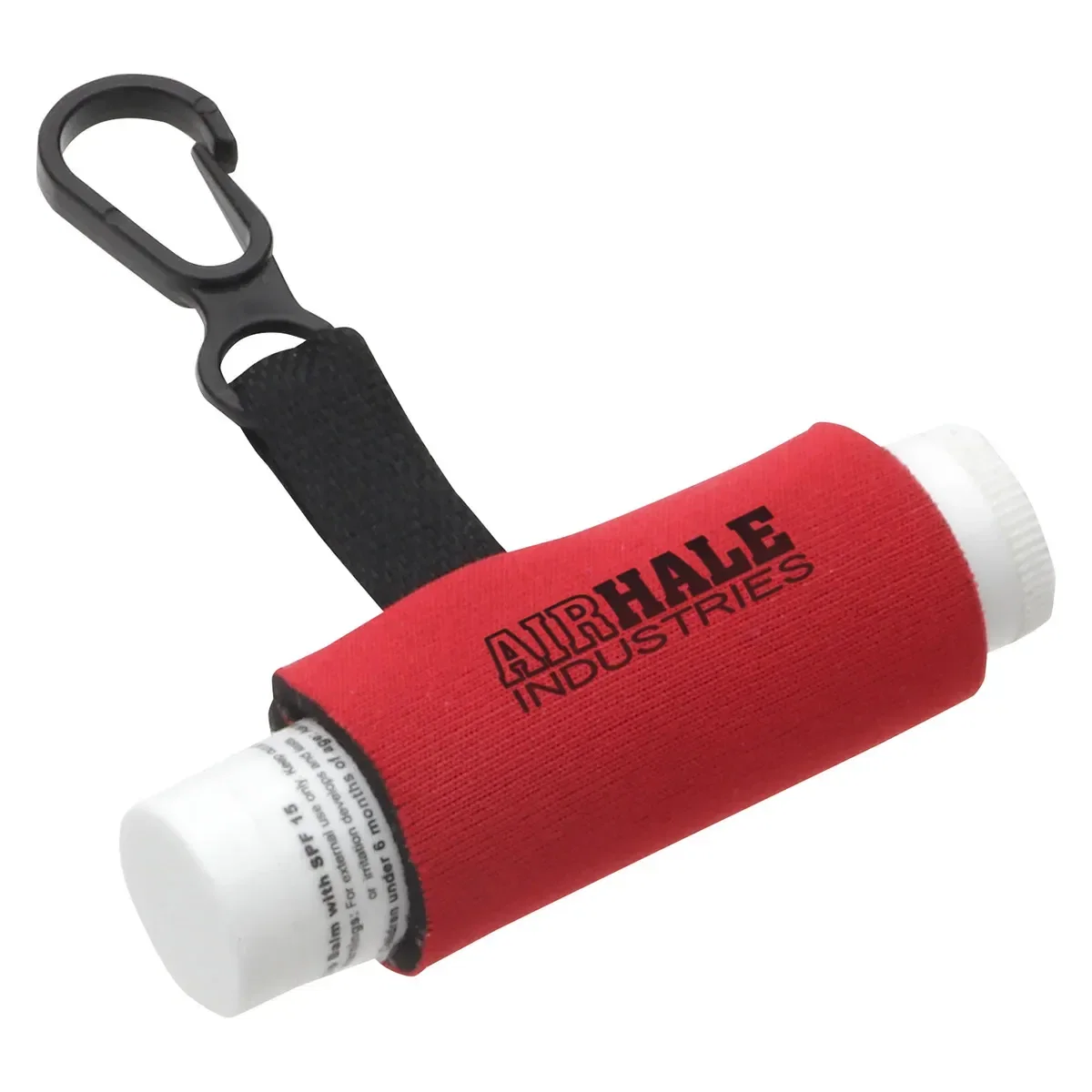 Branded Clip-It SPF 15 Lip Balm shown with carabiner clip, promotional logo-ready lip balm for bags and belt loops
