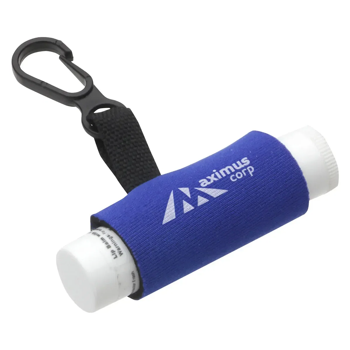 Custom Clip-It SPF 15 Lip Balm clipped onto a bag, logo-ready SPF 15 sunscreen balm shown in use