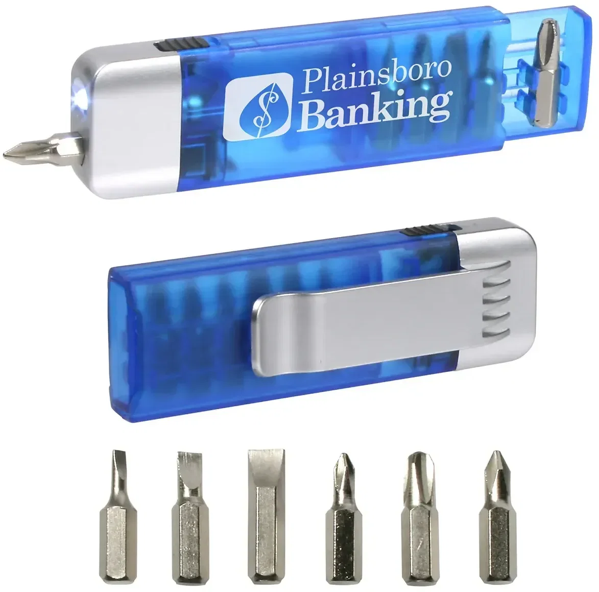 Clip-On 6-bit screwdriver flashlight, branded promotional multi-tool with belt clip, front view
