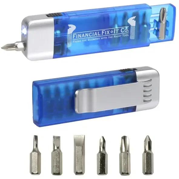 Custom Clip-On screwdriver flashlight showing swappable bits and logo-ready barrel