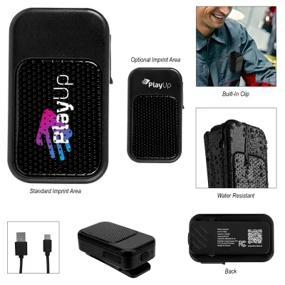 Small black speaker with a mesh front and clip