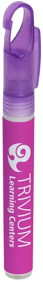 Custom Clipper sunscreen spray clipped onto a bag by its branded clip-cap