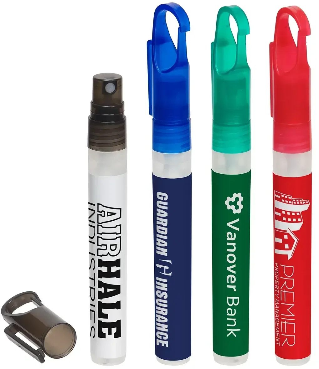 Custom Clipper pen-clip hand sanitizer with full-color logo label, front view