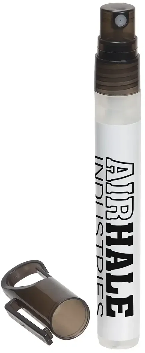 Promotional Clipper pen-clip hand sanitizer clipped to a shirt pocket
