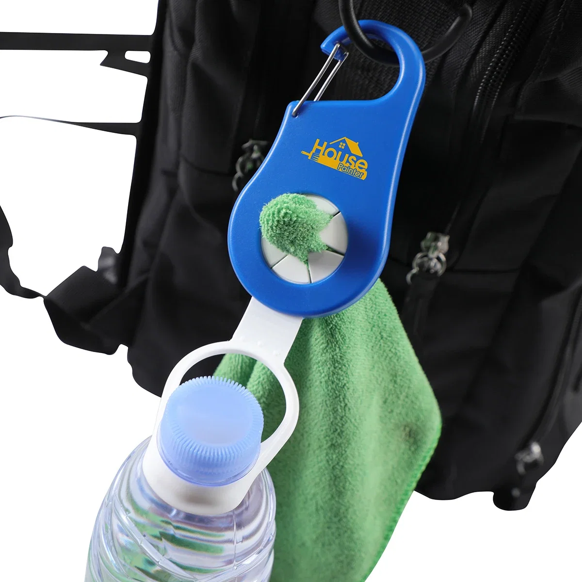 Clipper Towel & Bottle Holder in use, holding a water bottle and towel