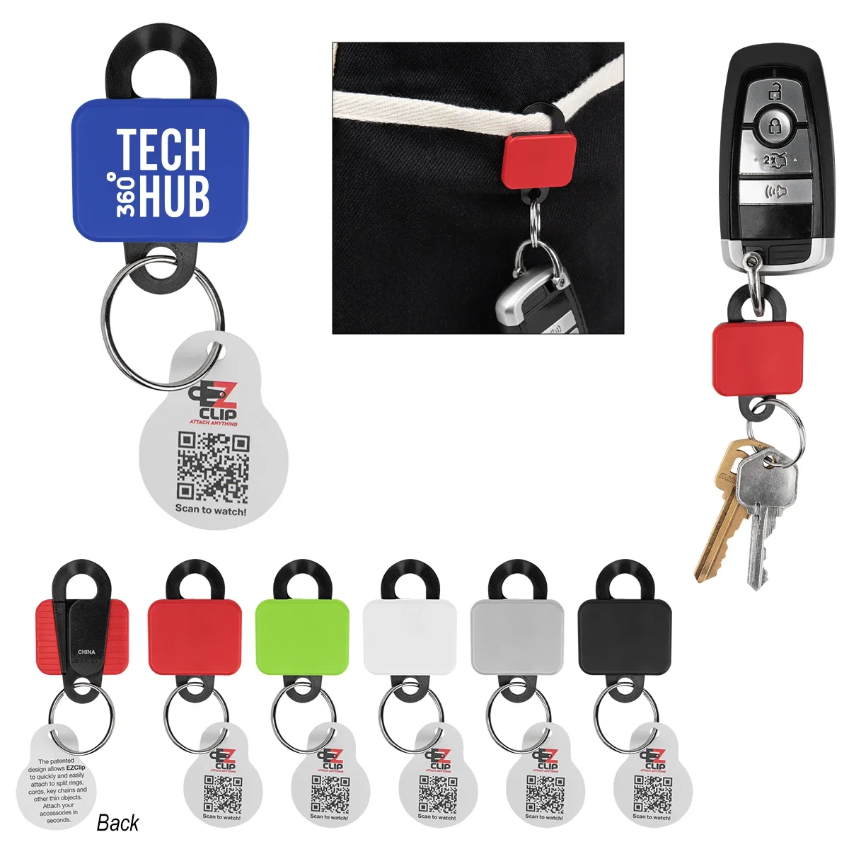Gray tag clipped onto a bag zipper pull