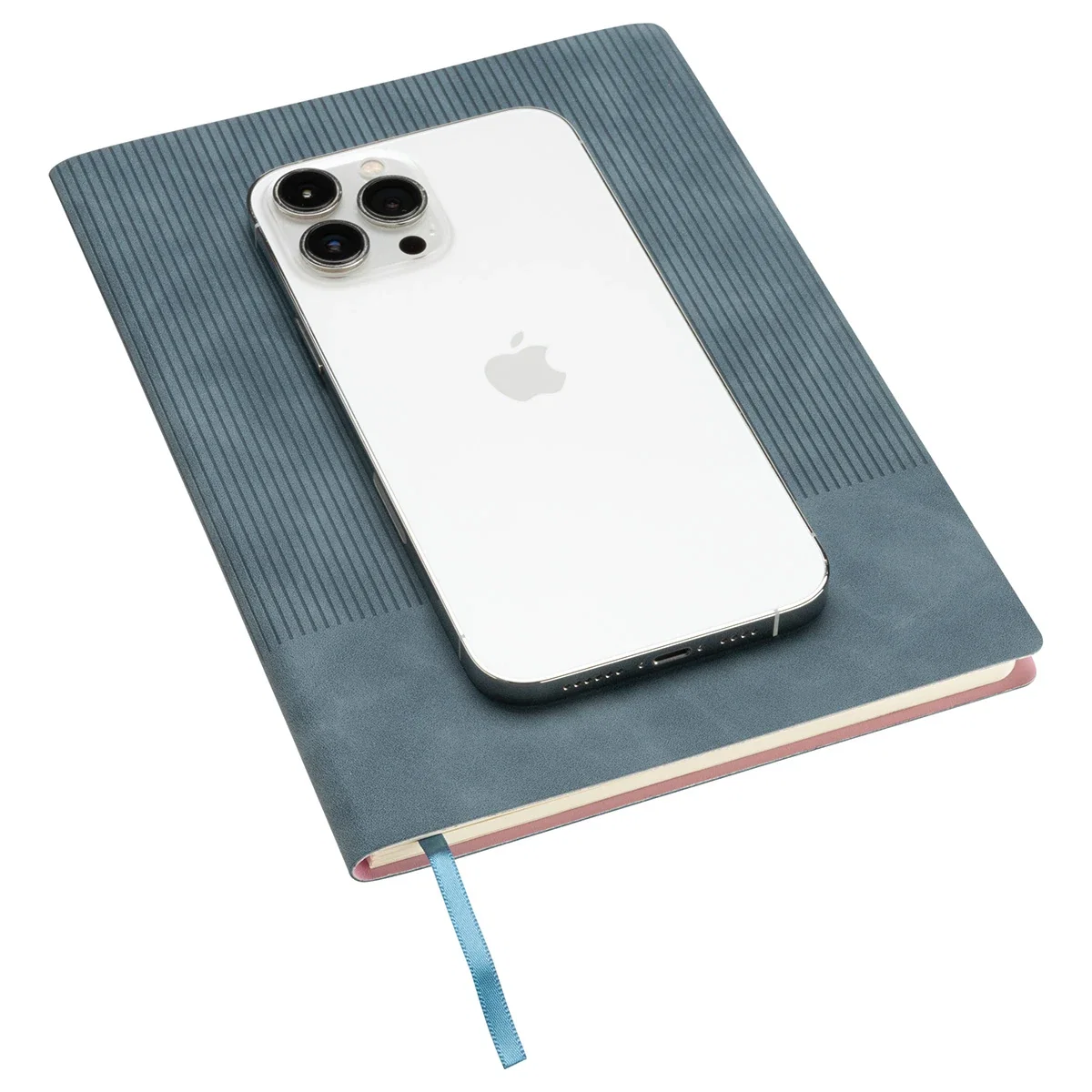 Clique Ribbed Journal in blue shown next to a smartphone for size reference