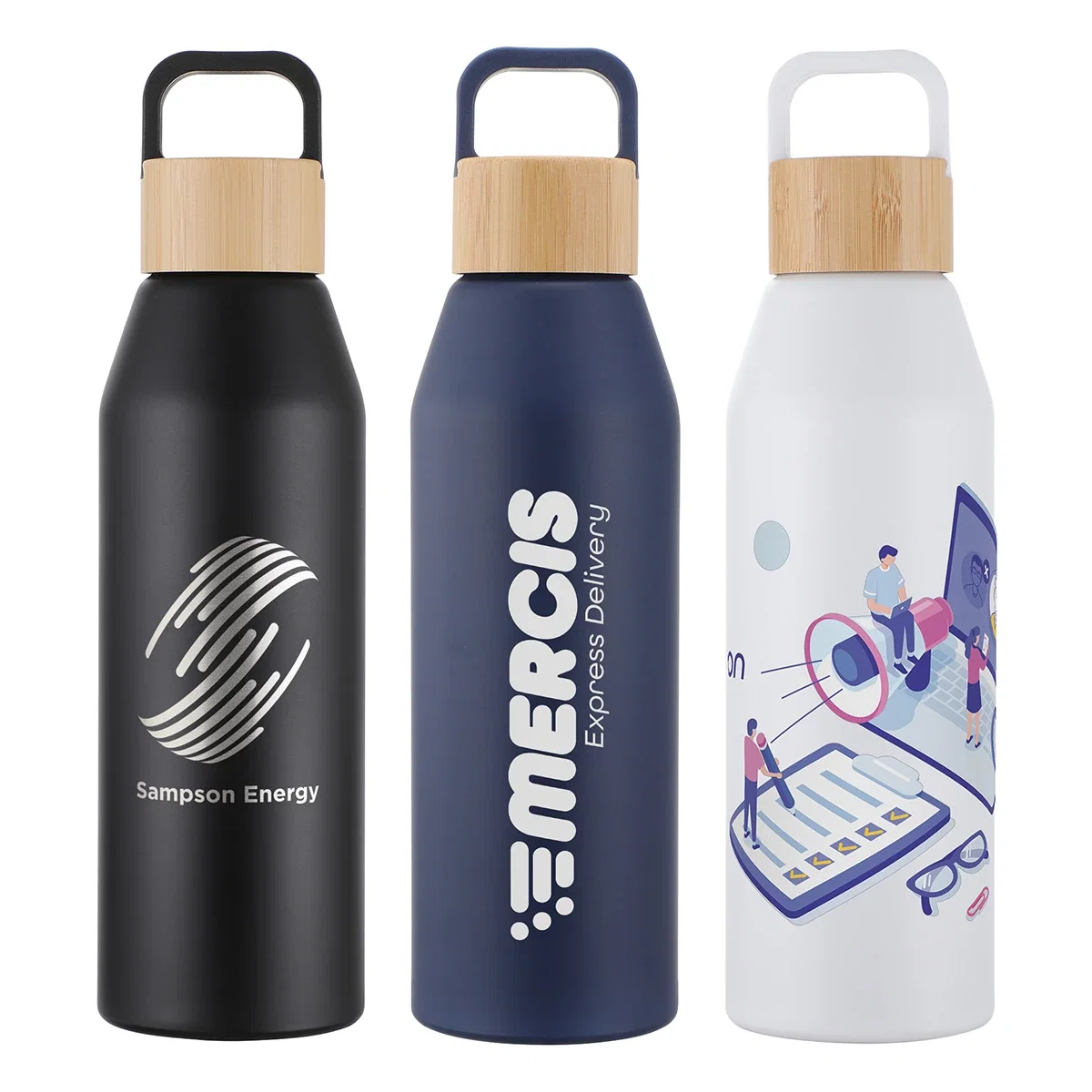 Custom Clive 24 oz Recycled Aluminum Bottle with Bamboo Lid, front view of the branded bottle