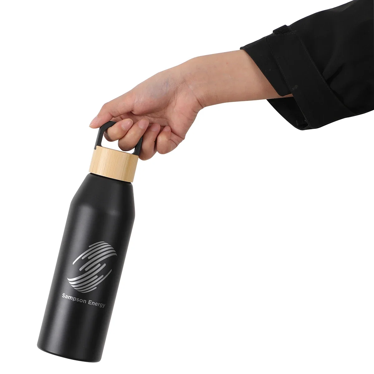 Clive 24 oz Recycled Aluminum Bottle with Bamboo Lid held in hand