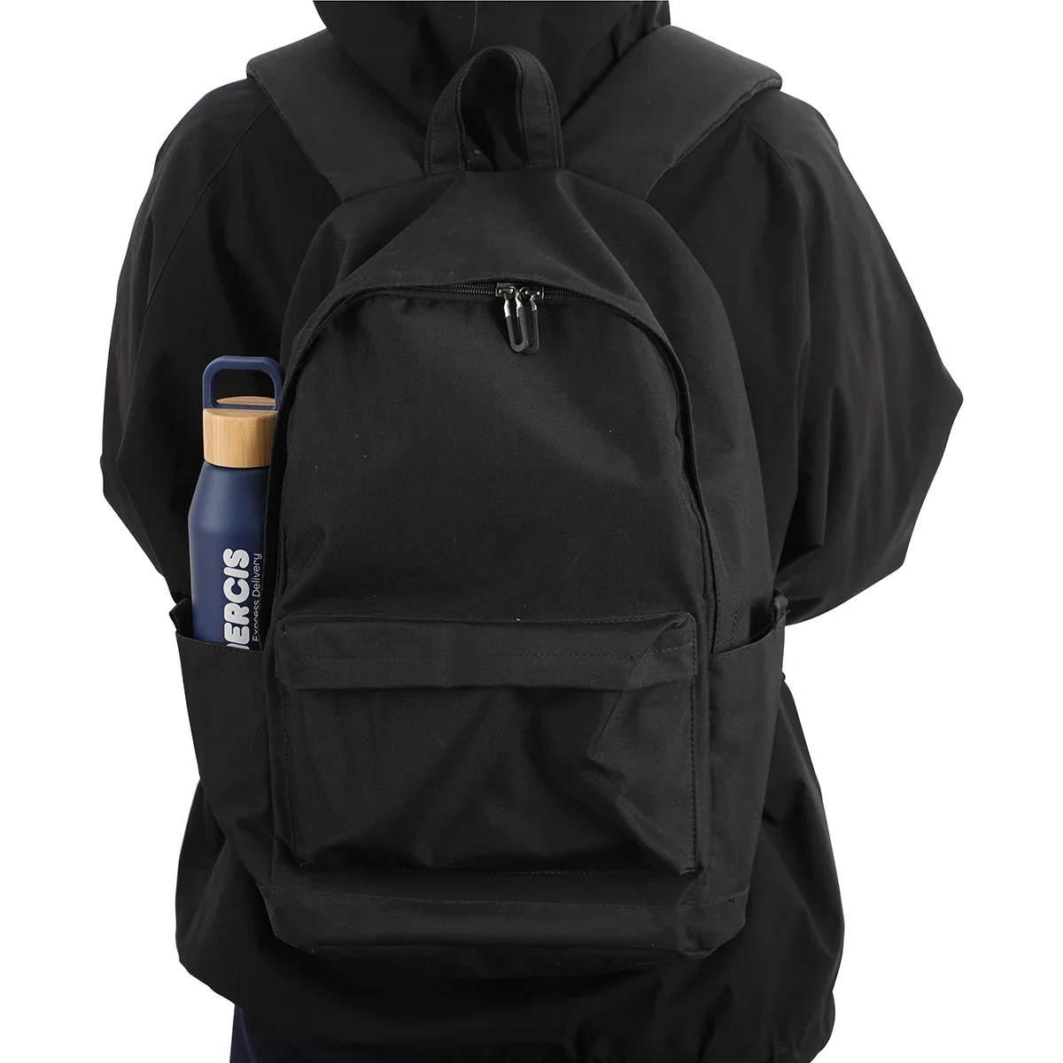 Side profile of the branded Clive 24 oz Aluminum Bottle with Bamboo Lid