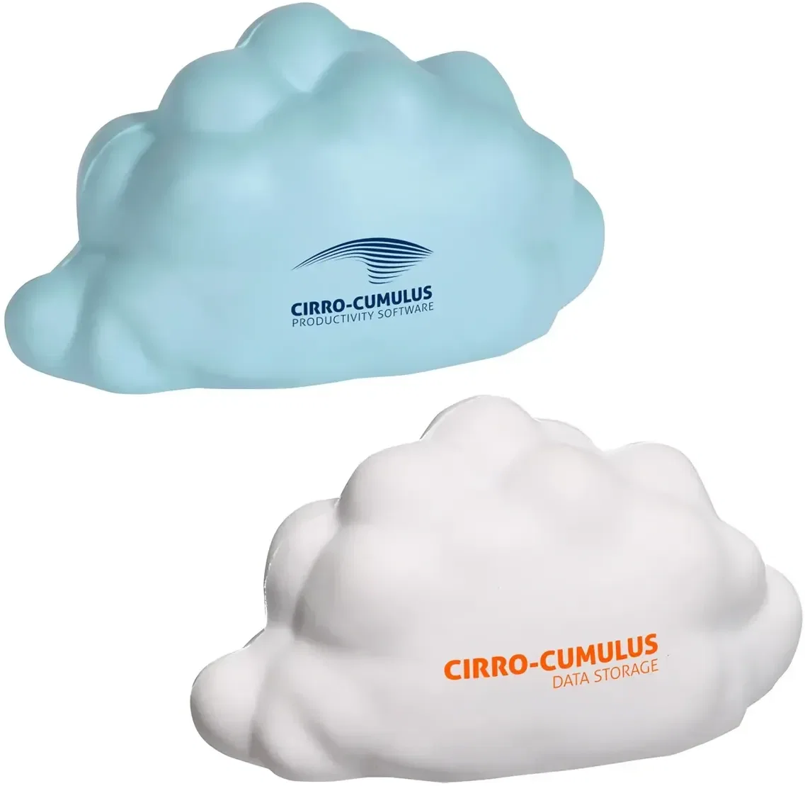 Cloud Stress Reliever, front view of the custom fluffy-cloud squeeze toy with printable logo space