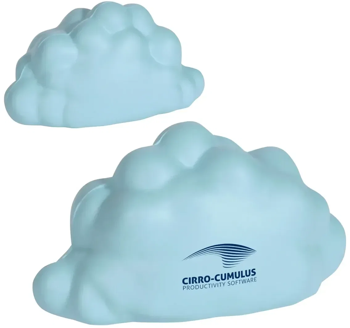 Cloud Stress Reliever shown from the side, a branded cloud-shaped squeeze toy for software giveaways