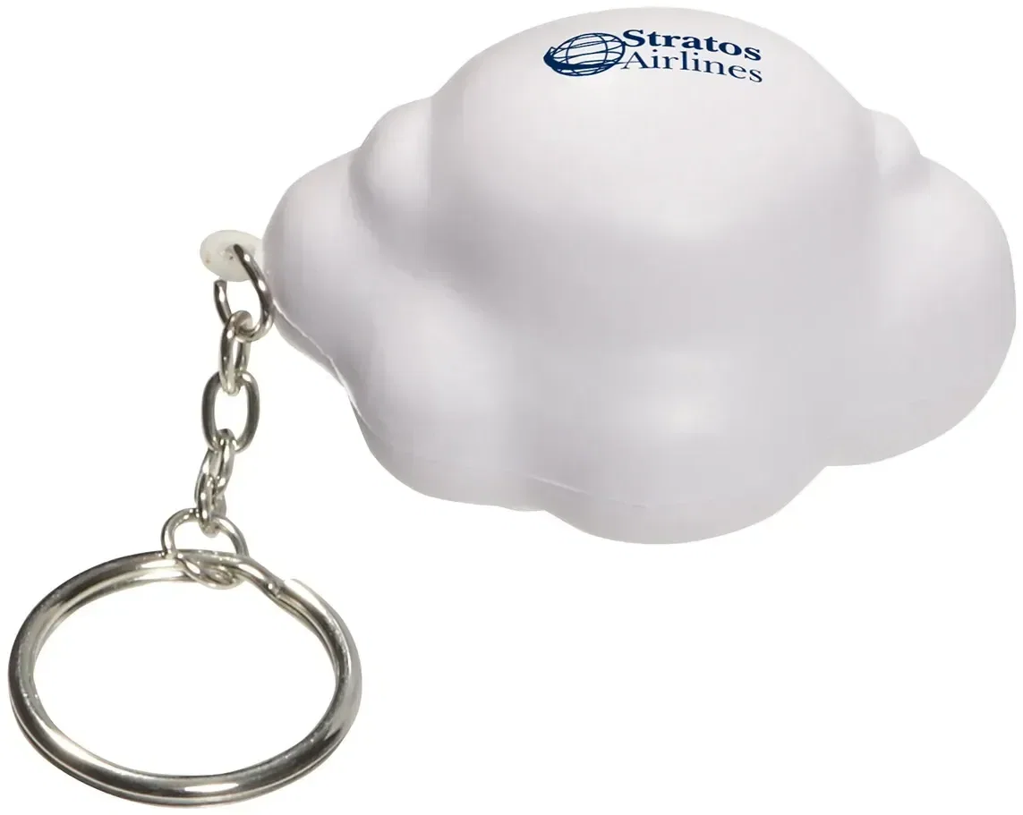Custom Cloud Stress Reliever Keychain, branded cloud squeeze toy clipped to key ring with logo print