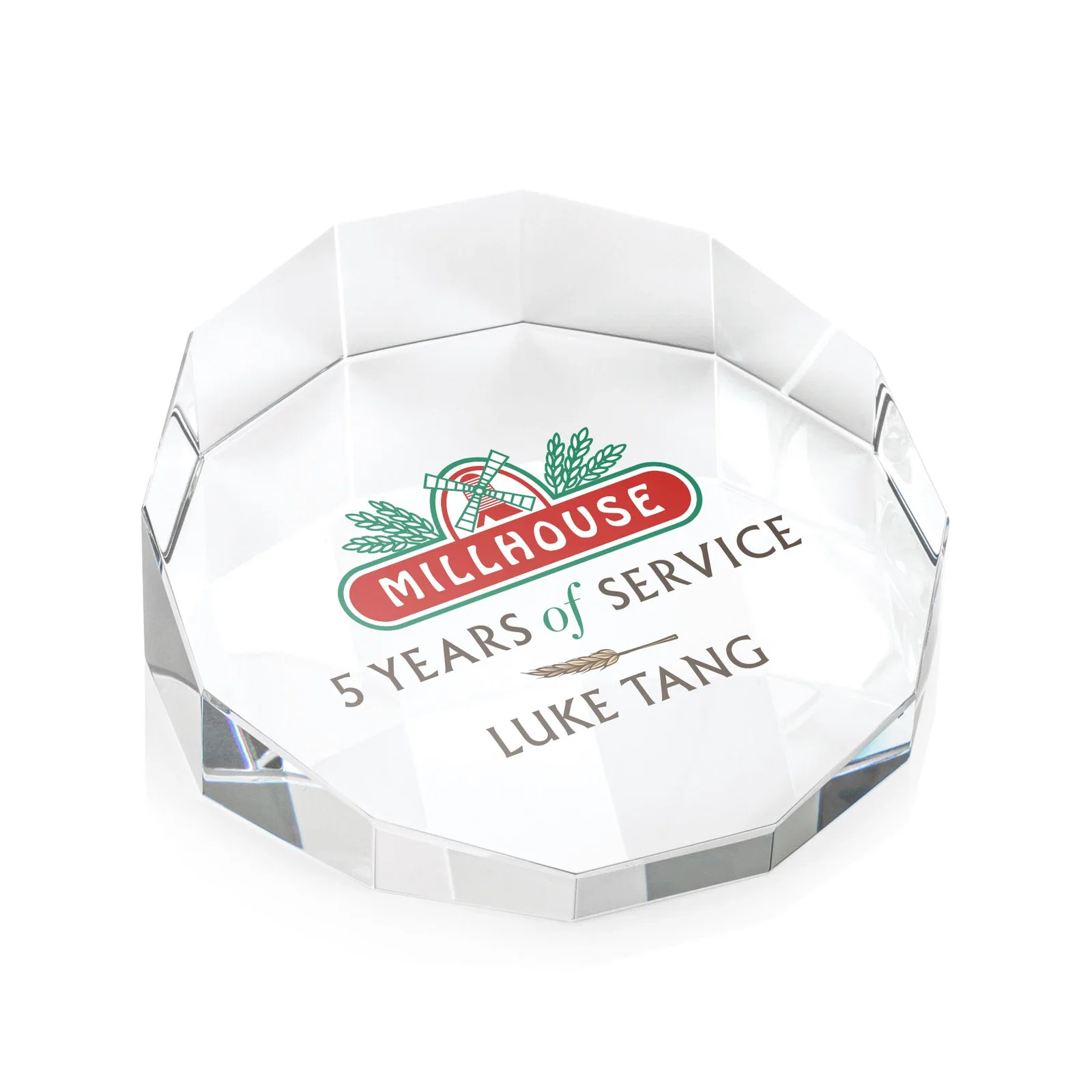 Custom 12-Sided Faceted Crystal Paperweight, 3.25" x 1.125", client appreciation gift for retirement presentations